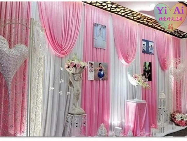 2024 New Fashion Wedding Backdrop wihte curtain with top swag pink drapes event party stage Background drapery