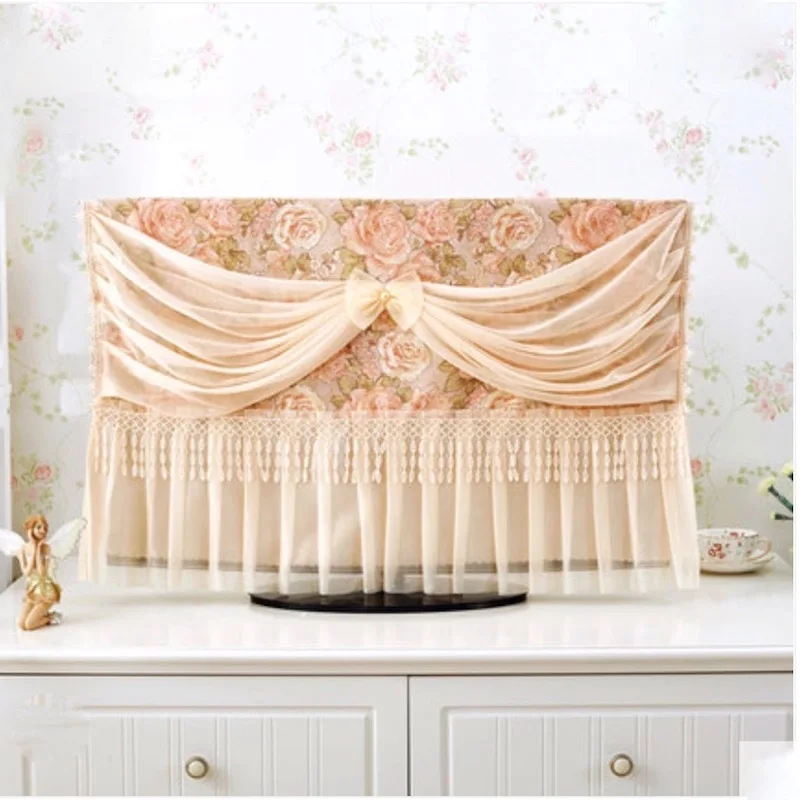 

27"-70" inch TV Set Cover with Pocket Decorative Hood Lace Curtain Dustproof Decor for Flat Screen HD LCD