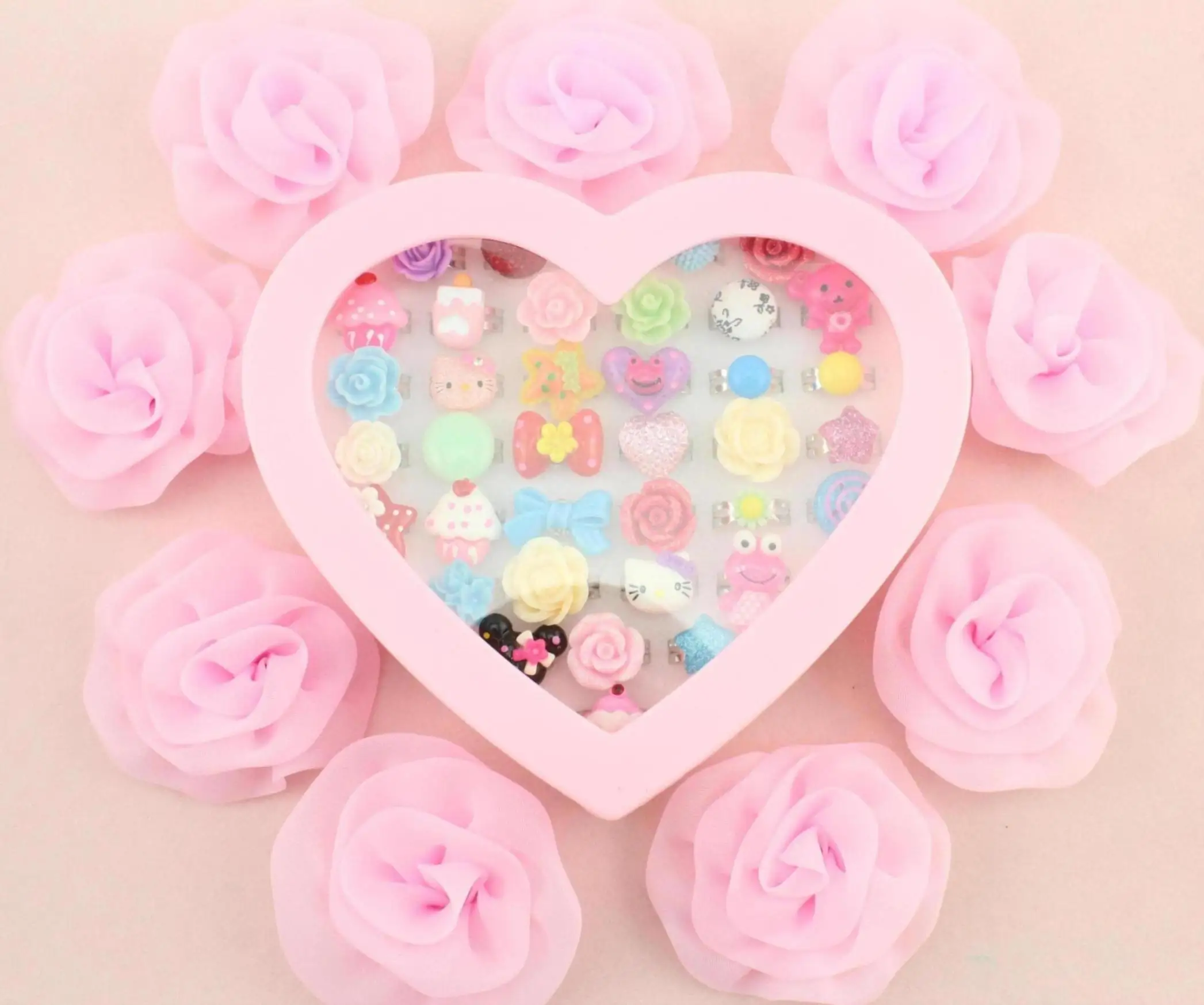 36pcs Pack Including Box  -Sweet Kawaii Deco Cabochon Adjustable Rings For Kids Mix Free Shipping 1 Boxes