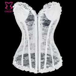 Embroidery Padded Cup White Lace Corset Sexy Gothic Bustier Top Bridal Corpetes Zipper Push Up Corsets Bustiers Wedding Lingerie