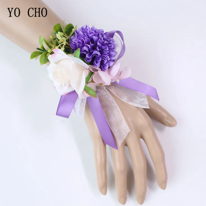 YO CHO 신부 Boutonnieres 수제 손목 꽃 블루 웨딩 Corsages 실크 수국 장미 신부 들러리 장식 핀 손목 꽃, 신상품 손목꽃 수제