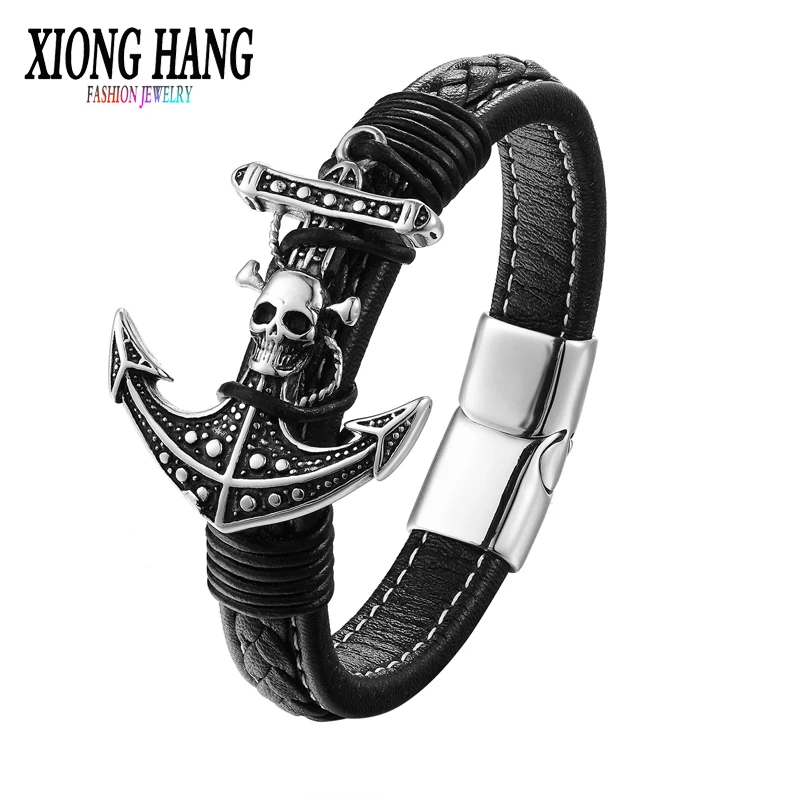 XiongHang 2018 Lastest High Quality Magnetic Clasp Fashion Punk Genuine Leather Man Skull Hook Bracelet For Man Gift