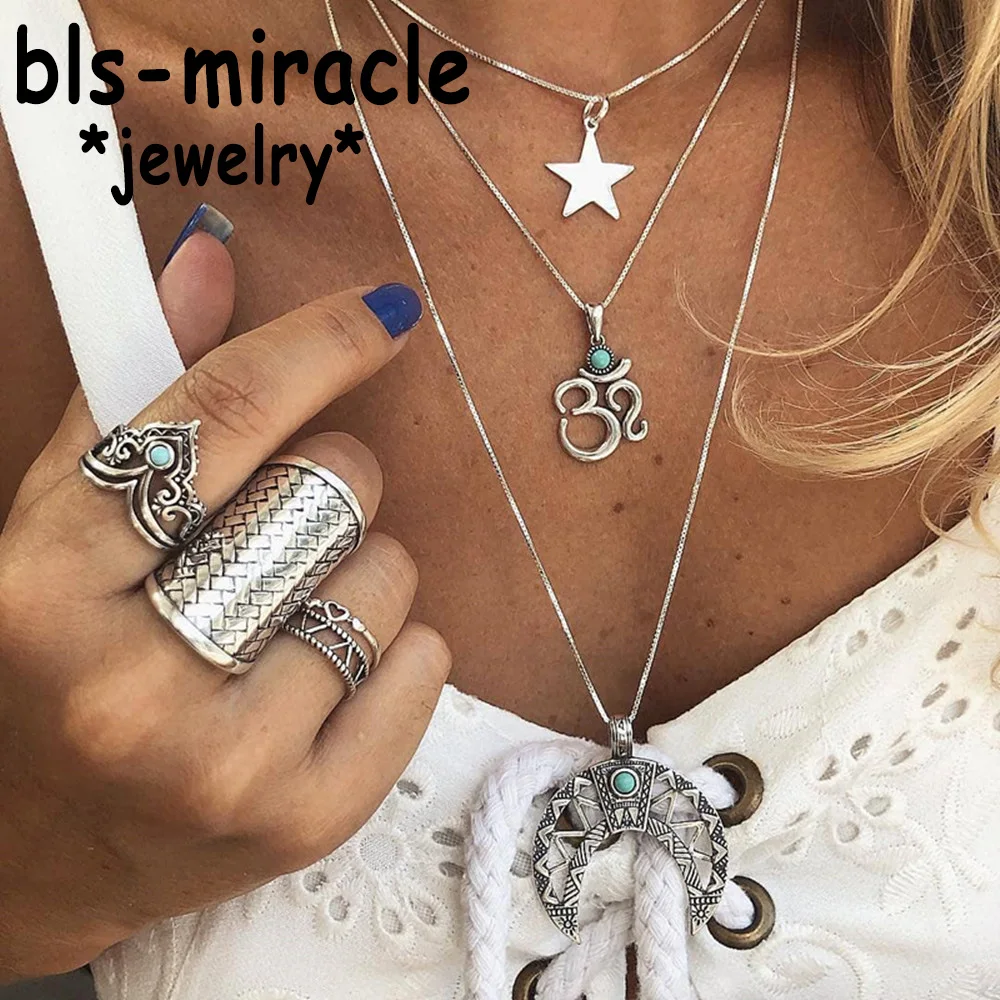 

Bls-miracle Boho Moon Star Shape Green Stone Multi layer Necklaces 2019 For Women Necklaces & Pendants Vintage Jewelry