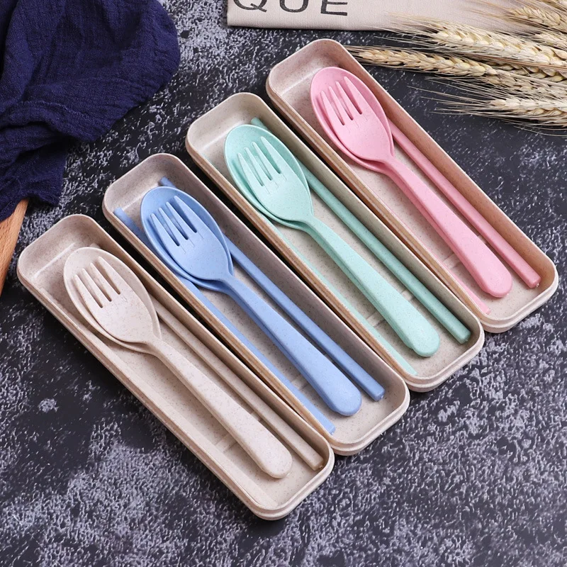 free shipping  Portable Wheat Straw Spoon Fork Chopsticks Set, 4 Colors Reusable Wheat Straw Travel Camping Cutlery Set