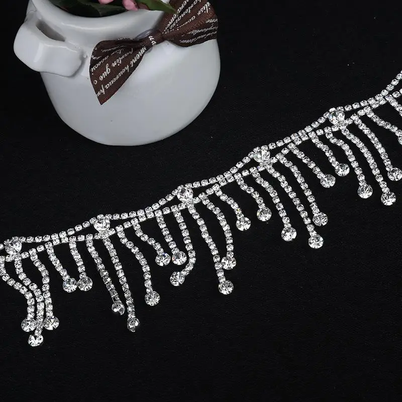 1 Yard 5.4 CM Silver Tassel Crystal Rhinestones Chain Trims for Clothes Collar Necklace Bags Hats Trims Wedding Dress Appliques