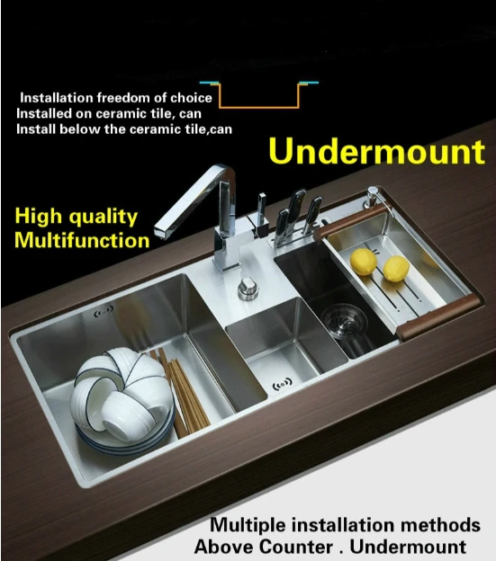 Free shipping Apartment kitchen manual sink double groove push button drainer 304 stainless steel hot sell 960x430 MM