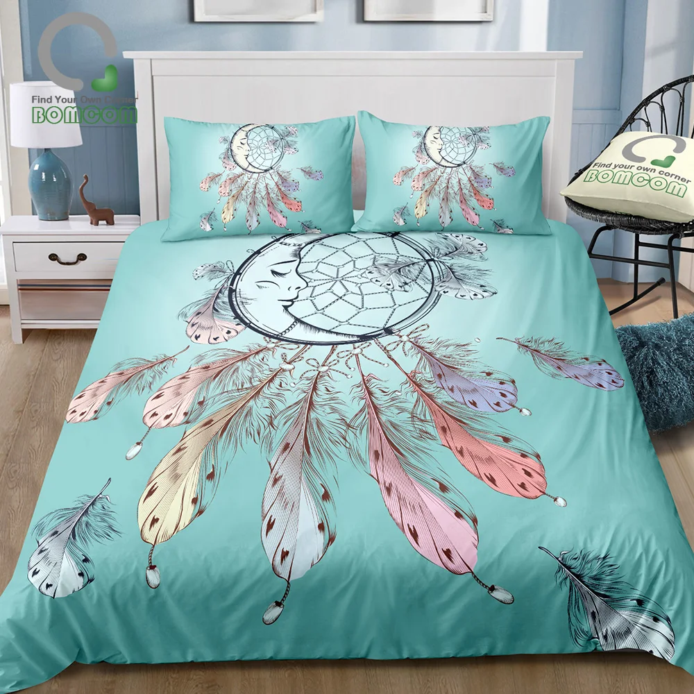 BOMCOM 3D Digital Printing Boho Tribal Fashion Illustration With Dreamcatcher Duvet Cover Set 100% Microfiber Tiffany Blue