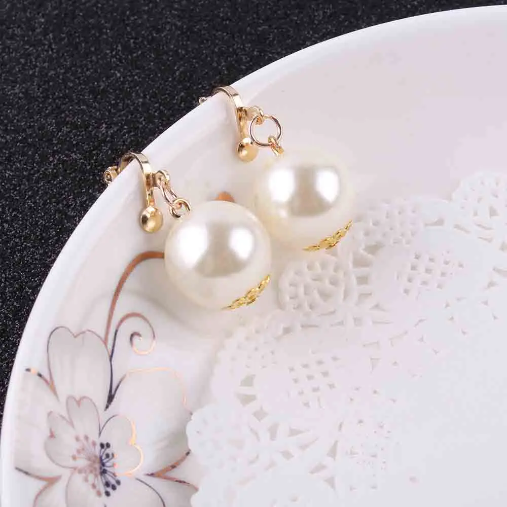 Classic simple Elegant 14mm big imitation pearl clip on earrings cushion without pierced earrings no ear hole clip jewelry