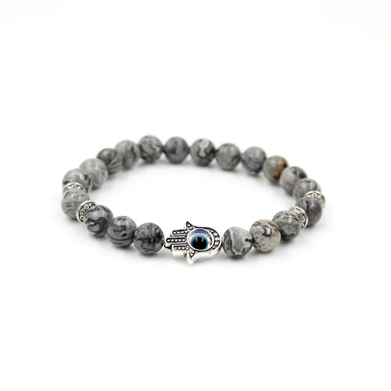 Antique Silver Color Hand of Fatima Hamsa Charm Bracelet Mala Marble Stone Bead Evil Eye Elastic Bracelet for Men & Women Gift