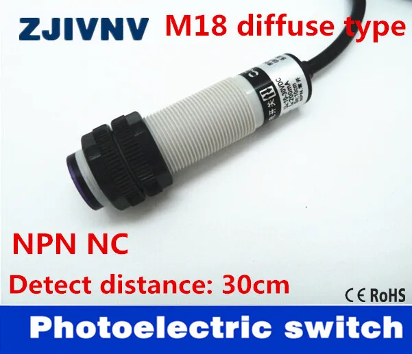 

M18 diffuse type NPN NC DC 3 wires photoelectric sensor normally close switch distance 30cm adjustable reflectance laser switch