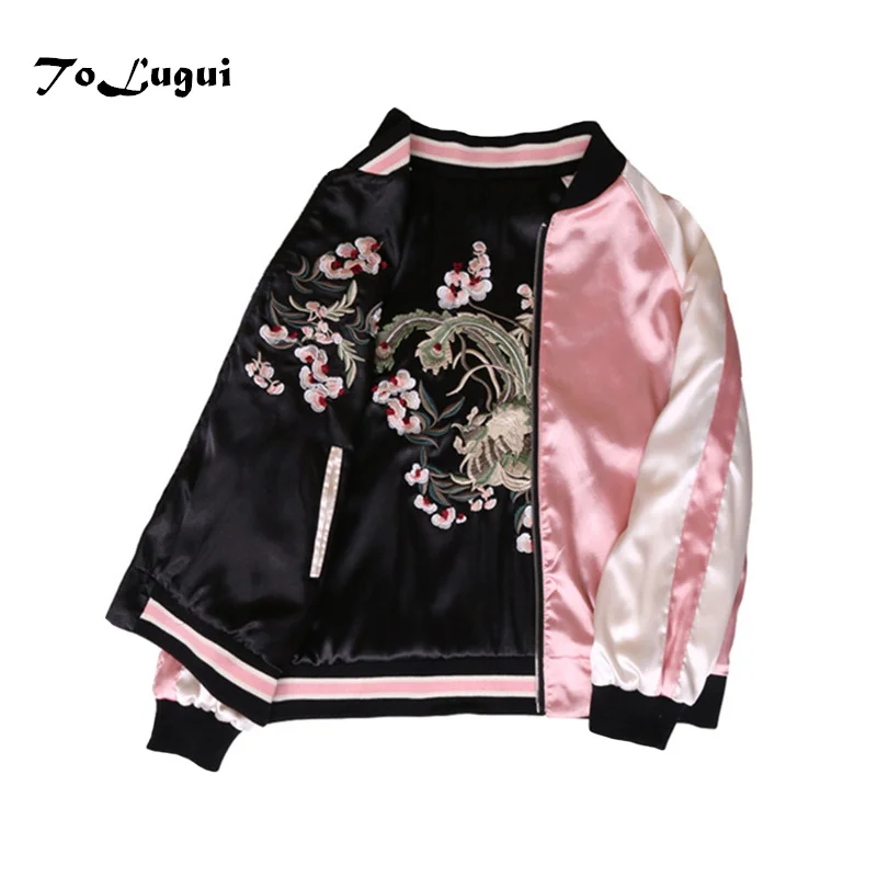 

Floral Embroidery Women Jacket Autumn Winter 2020 Harajuku Pilot Jacket On Both Sides Casual Baseball Jackets Coats Sukajan