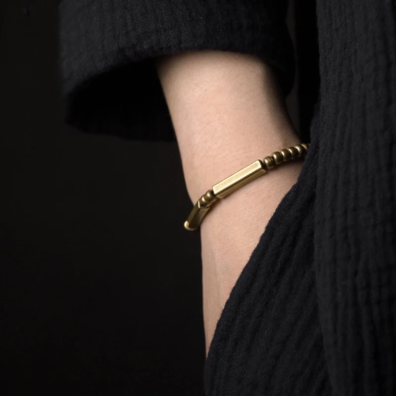 Street Punk Trendy Brass Handmade Stretch Bracelet Antique Finish Rock Style Metal Unisex Male Female Accessories
