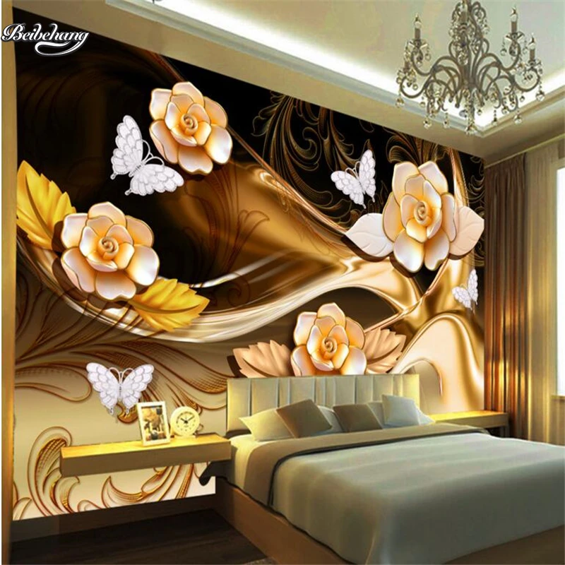 

beibehang The new fine three - dimensional jewelry flower TV background wall zenith custom large fresco non - woven wallpaper