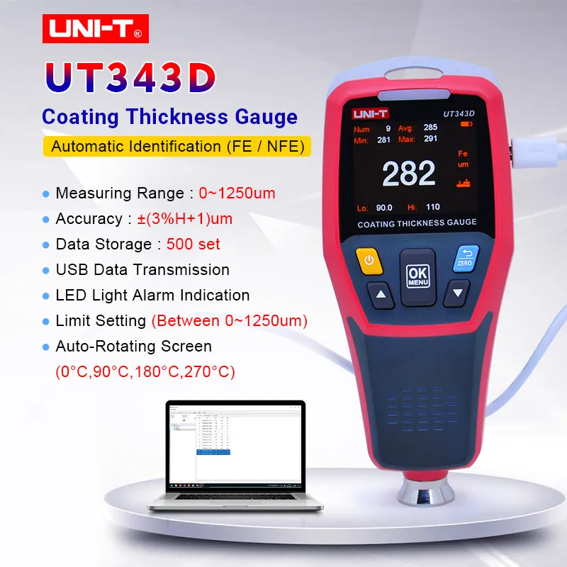 Thickness Gauge UNI-T UT343D  Digital Coating Gauge Meter Cars Paint Thickness Tester  FE/NFE measurement with USB Data Function