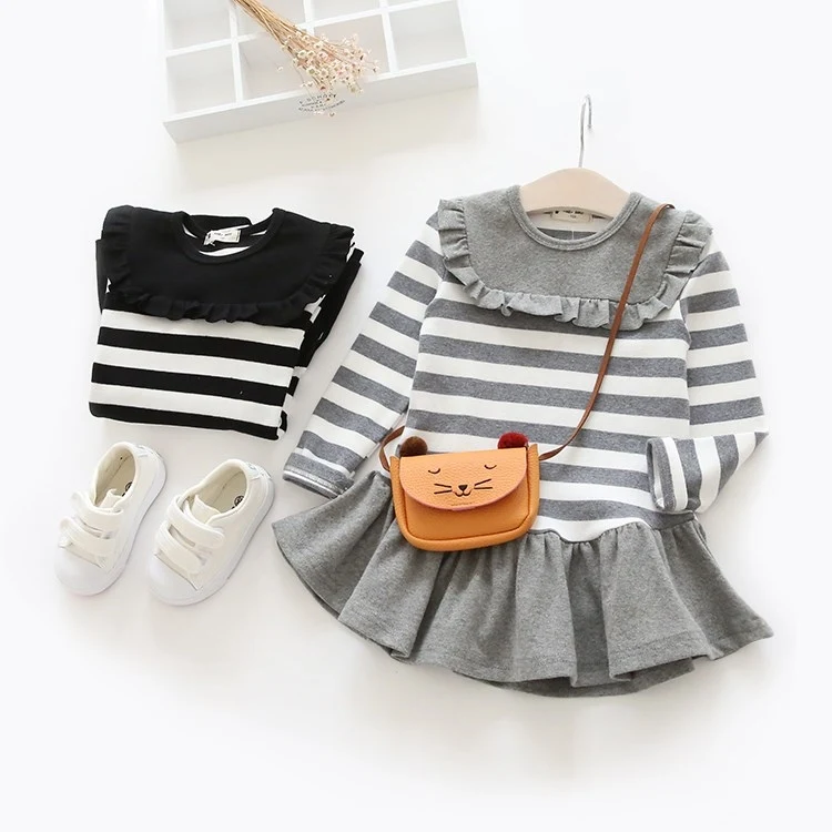 2022 autumn new children's wear striped round neck girl dress fungus neckline baby long sleeve dress