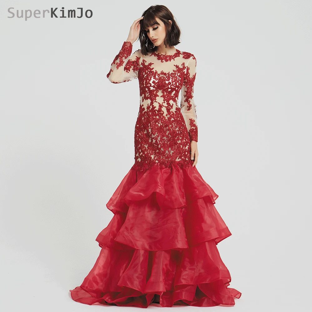 SuperKimJo 2019 New Arrival Formal Dress Long Sleeve Lace Applique Evening Dresses Elegant Tiered Burgundy Evening Gown