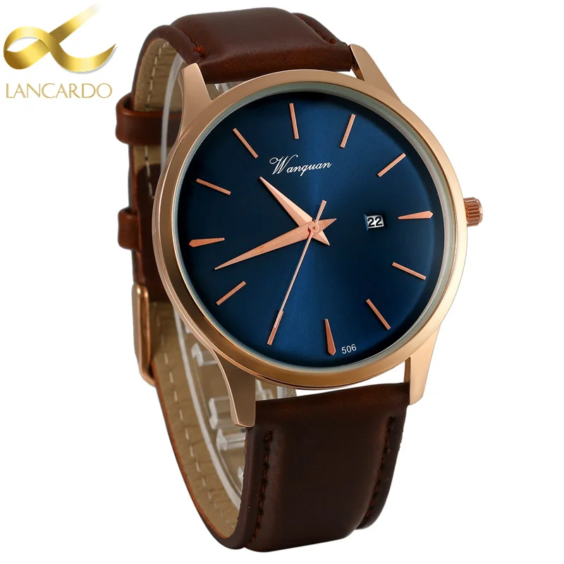 Lancardo – montre-bracelet à Quartz pour hommes, marron, marque de luxe, bracelet en cuir, décontracté, bleu exquis