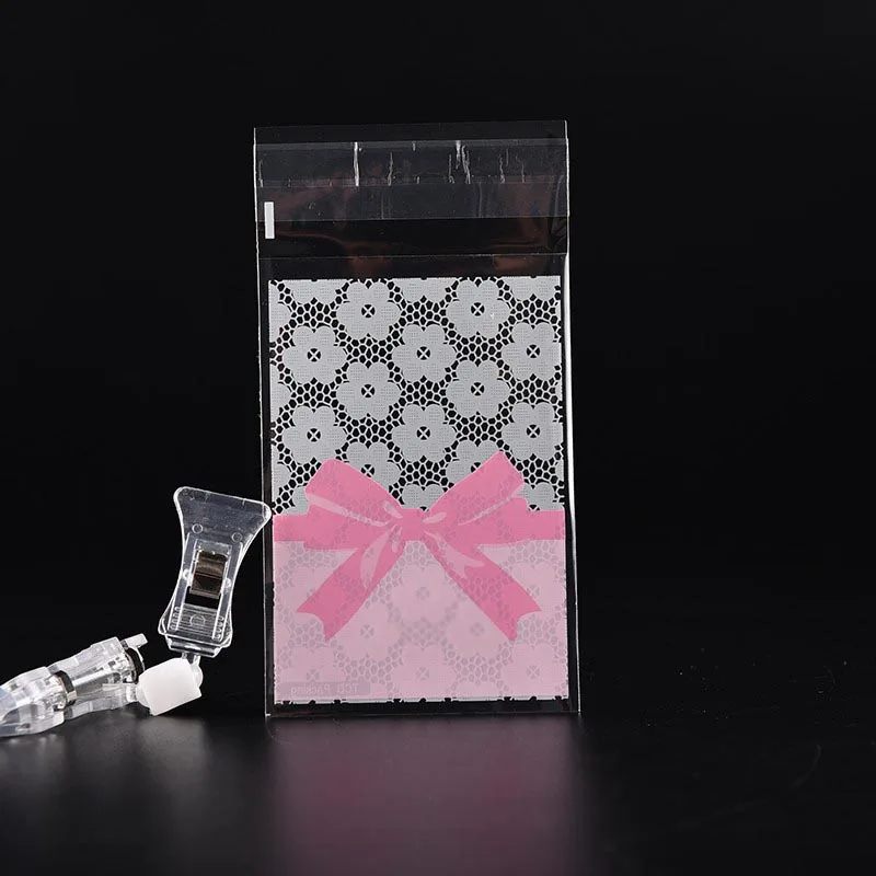 50PCS 7x10cm Flower Lace Bow Cookie&Candy Bag Self-Adhesive Plastic Bags For Biscuits Snack Baking Package Supplies
