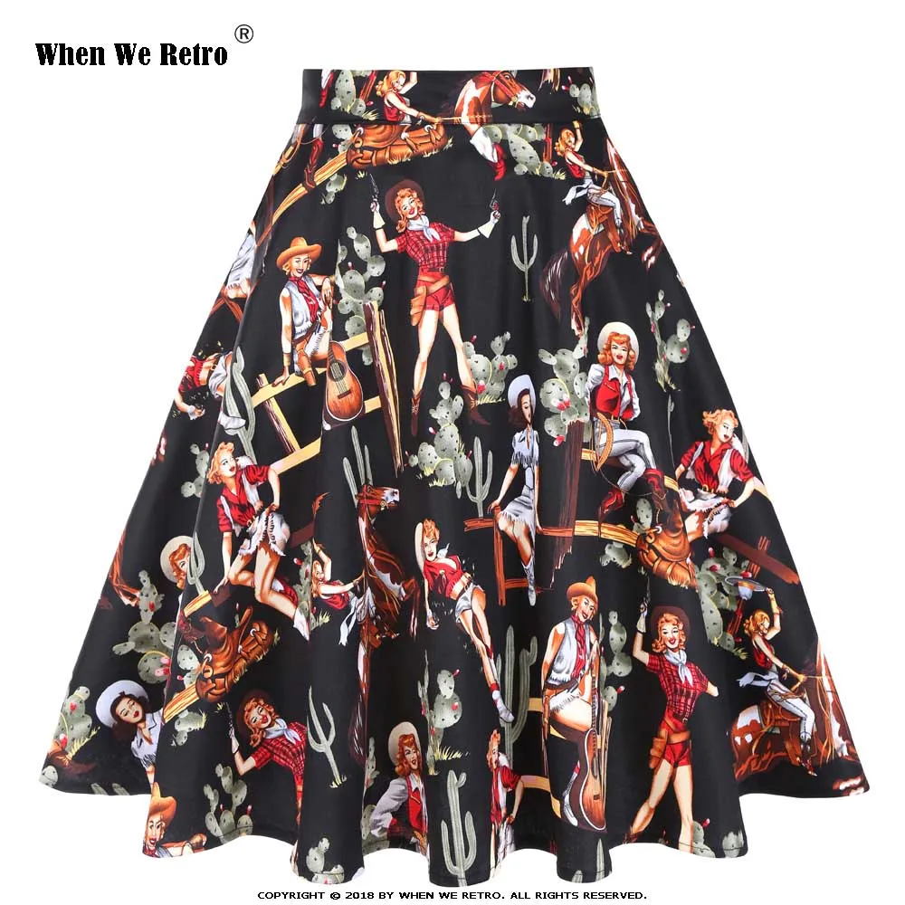 

When We Retro Vintage Ladies Summer Skirt Swing Rockabilly Black Cowgirls Printed Skirt Casual Women A Line Midi Cotton Skirt