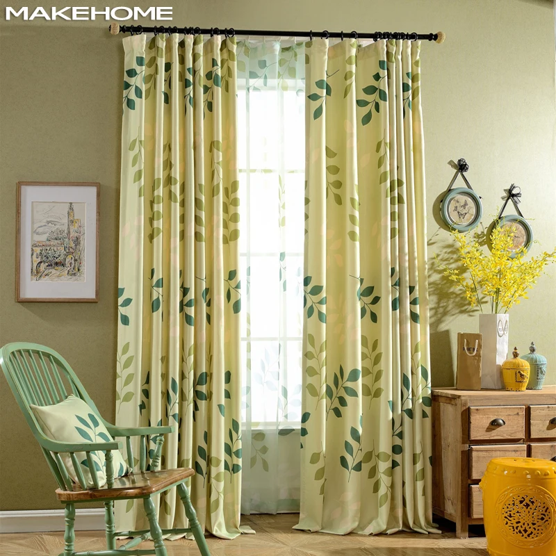 

American Country Style Window Curtain For Living Room Leaves Printed Drapes Bedroom Linen Flocking Tulle Curtain