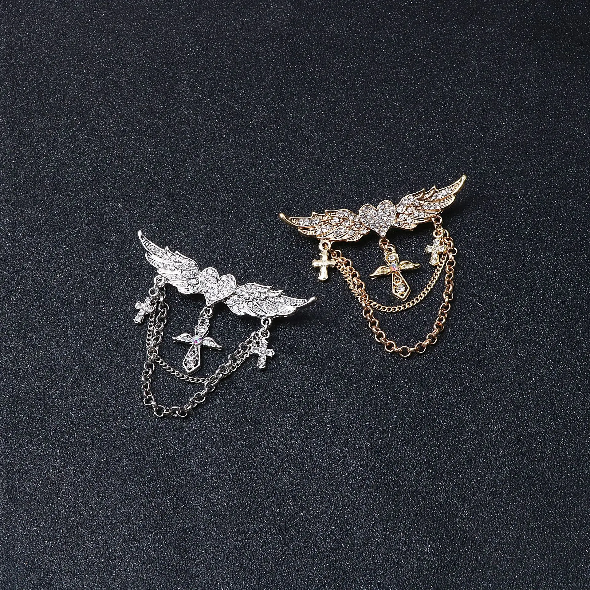Flyonce Angel Wings & Cross Brooch With Rhinestones & Tassel Chain - Vintage Style Lapel Pin