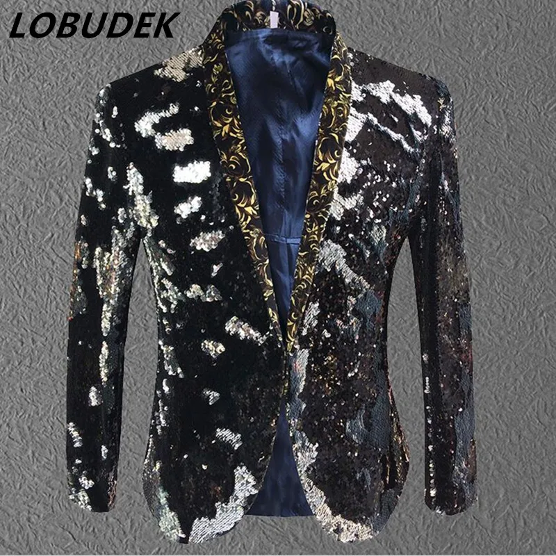 남성용 스팽글 의상 재킷 트렌디 패션 코트 프롬 사회자 무대 의상 슬림 블레이저 가수 댄서 쇼 나이트클럽 파티 무대복