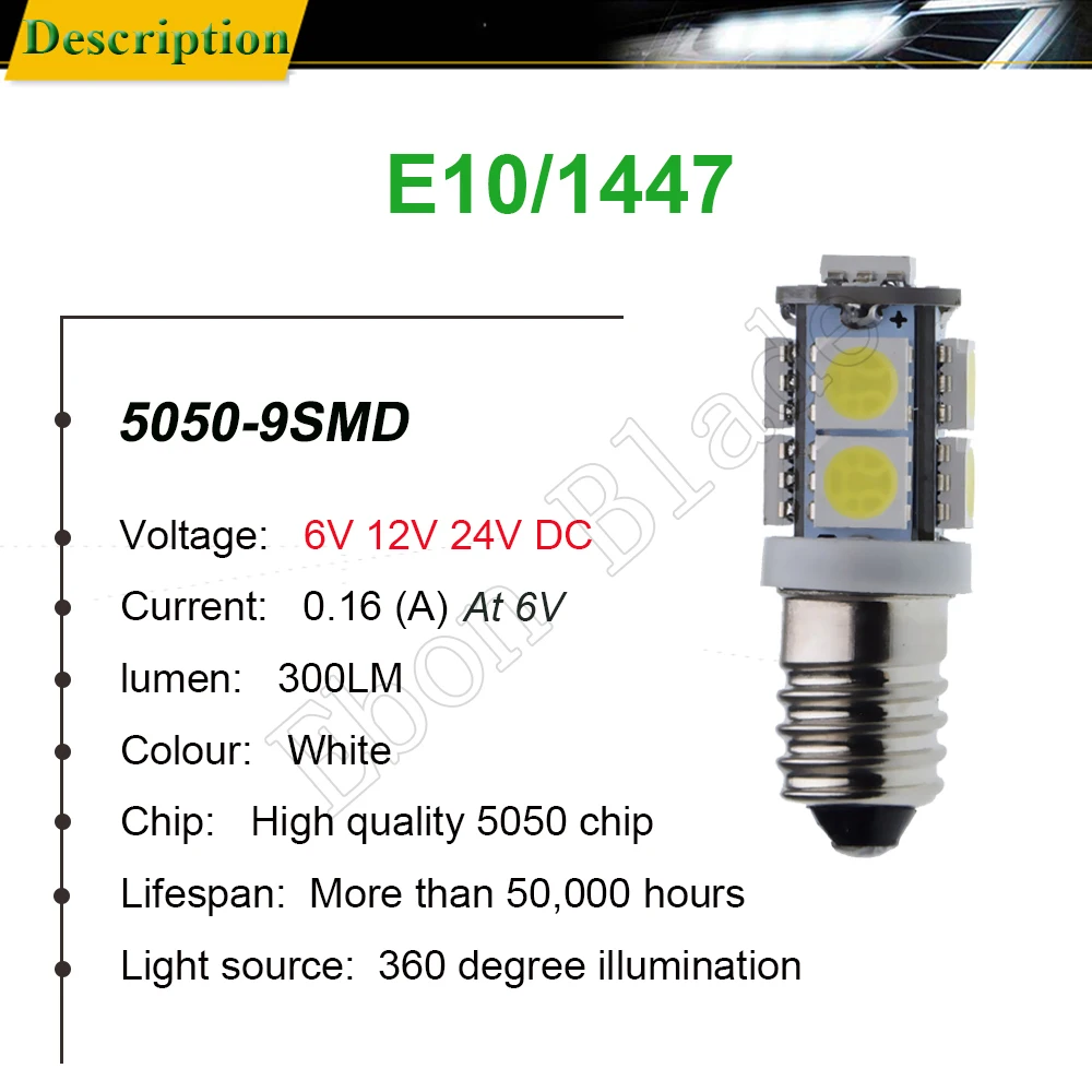 Pair E10 Screw LED Bulbs For Focus Flashlight Replacement Bulb 3V 6V 12V 24V DC 1447 Torch Work Light Lamp 9SMD 5050 Warm/White