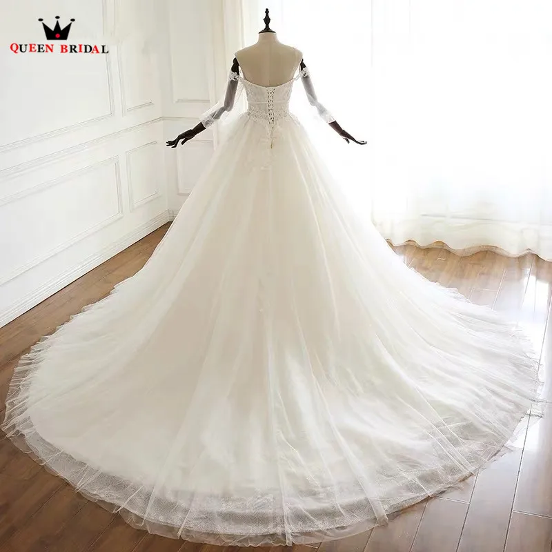 Ball Gown 3 4 Sleeve Big Trian Tulle Lace Elegant Formal Wedding Dresses Bridal Gowns Vestido De Noiva Custom Made RP19