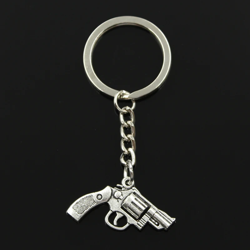 Fashion 30mm Key Ring Metal Key Chain Keychain Jewelry Antique Bronze Silver Color Plated Pistol Revolver Gun 29x22mm Pendant