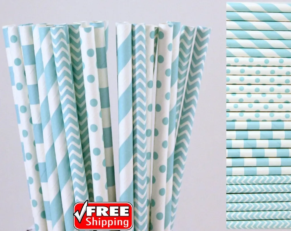 200 Pcs Mixed 4 Designs Light Blue Themed Paper Straws-Swiss Dot,Striped,Chevron Boy Baby Shower Birthday Gender Reveal Party