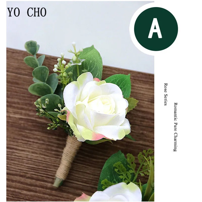 YO CHO Wedding Planner Roses Artificial Silk Flower Wrist Corsage Bracelet Groom Boutonniere White Wedding Men Marriage Flowers