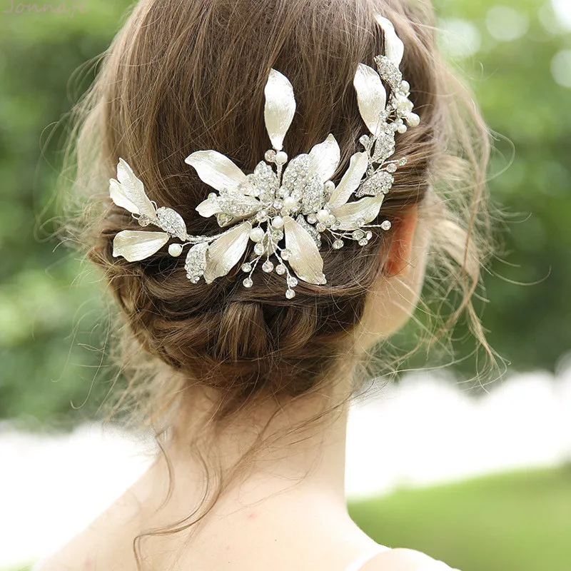 Jonnafe ใจกว้างเงินสี Leaf Barrette Rhinestone Headpiece ชุดเจ้าสาวแบบมีสายงานแต่งงานคลิปผมอุปกรณ์เสริม