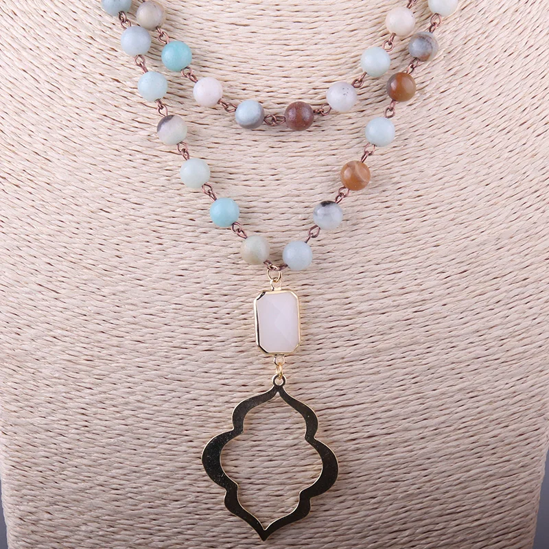 Fashion Amazonite Stones Bohemian Tribal Jewelry Crystal L Lip Pendant Necklace