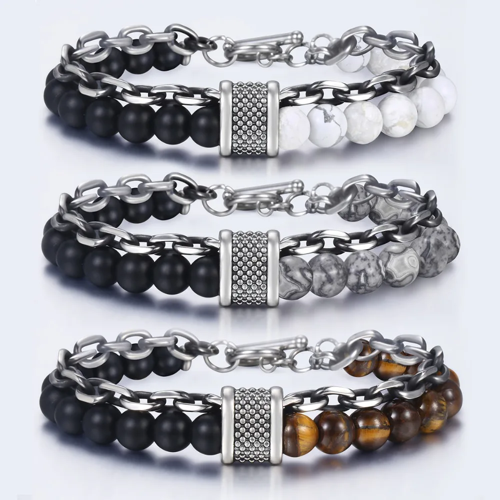 Trendsmax Natural Map Stone Men's Beaded Bracelet for women Stainless Steel Bracelets Male Jewelry Tiger eye 8 9 10 inch DB33 image 3