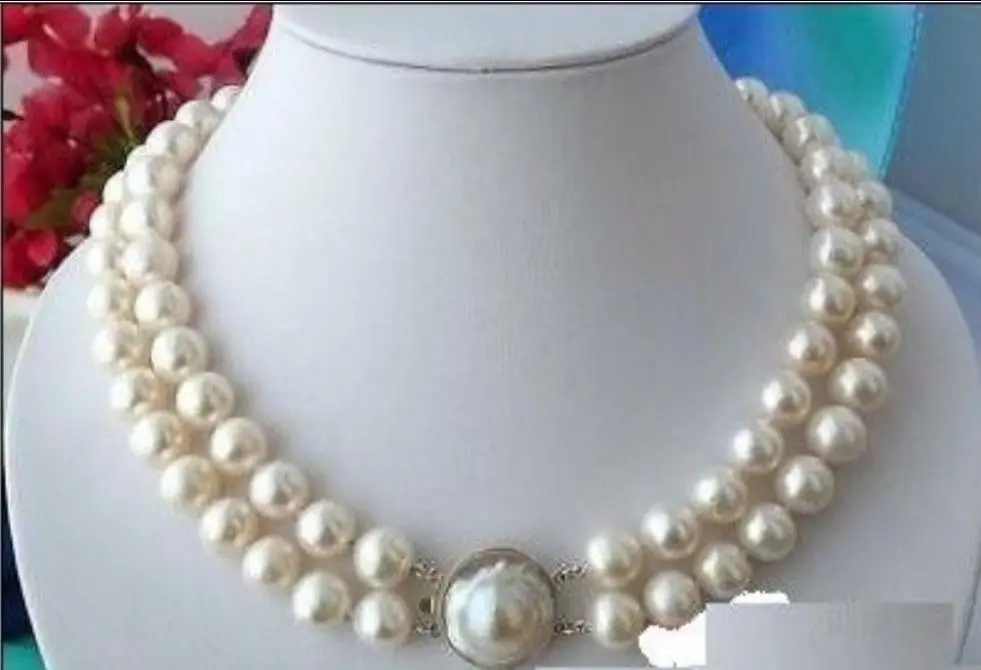 

2ROW 9-10mm AAA WHITE south sea PEARL NECKLACE MABE 18-19inch