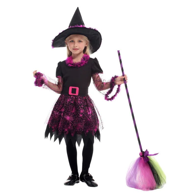 Spider Witch Costume for Kids Girl New Year Halloween Christmas Carnival Children Magician Wizard Cosplay Clothes Dress with Hat