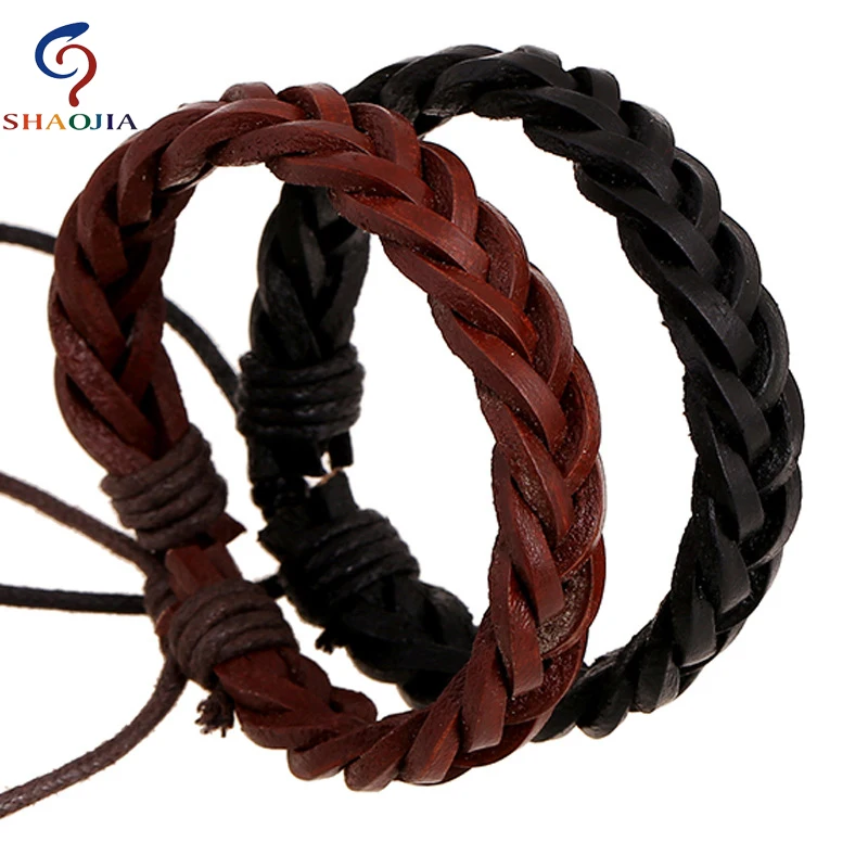 SHAOJIA Vintage Bracelet Handmade Woven Elegant Brown Leather Bracelets & Bangles For Women Men Jewelry Fashion Accessory