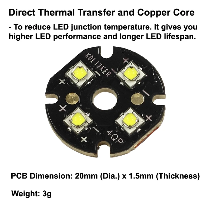 Quad Luminus SST-20 LED Emitter with KDLITKER 20mm x 1.5mm DTP Copper PCB (Parallel) w/ optics