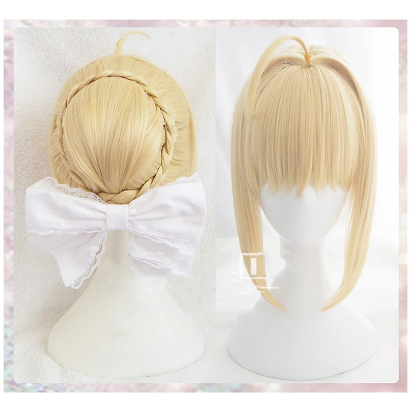 Los/pobyt noc Arturia Pendragon szabla peruka blond stylizowany Updo Cosplay pełne peruki + czapka z peruką