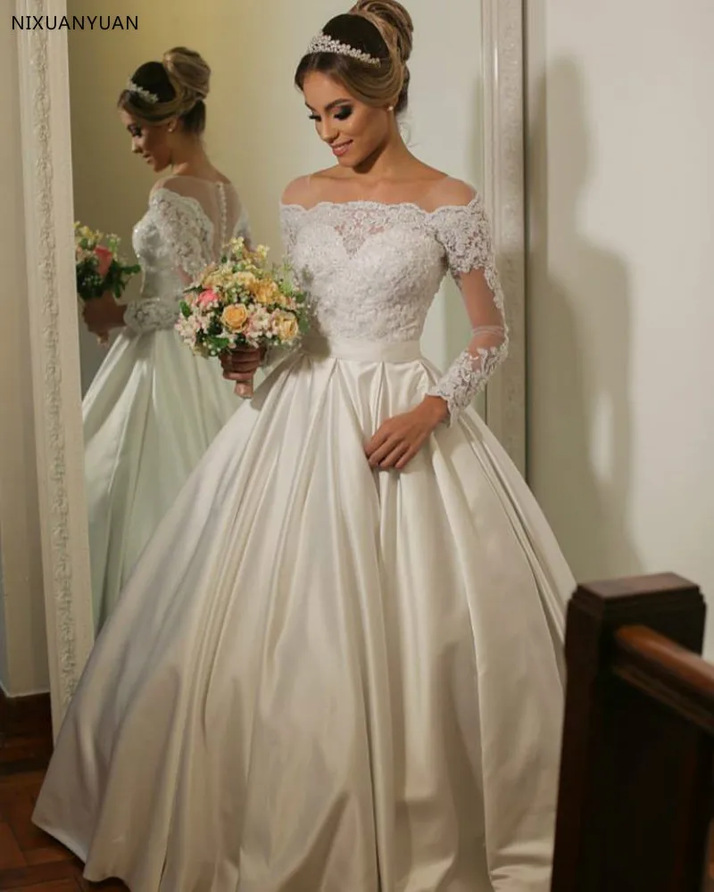 Vestido De novia De satén De manga larga, traje De novia con apliques De encaje y botones en la espalda, estilo princesa