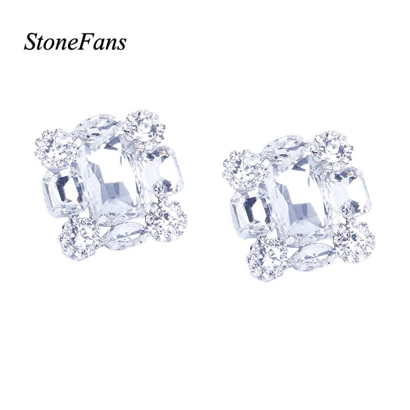 StoneFans-pendientes de Clip cuadrado sin agujero para mujer, joyería de boda, cristal transparente grande, diamantes de imitación, Clip en la