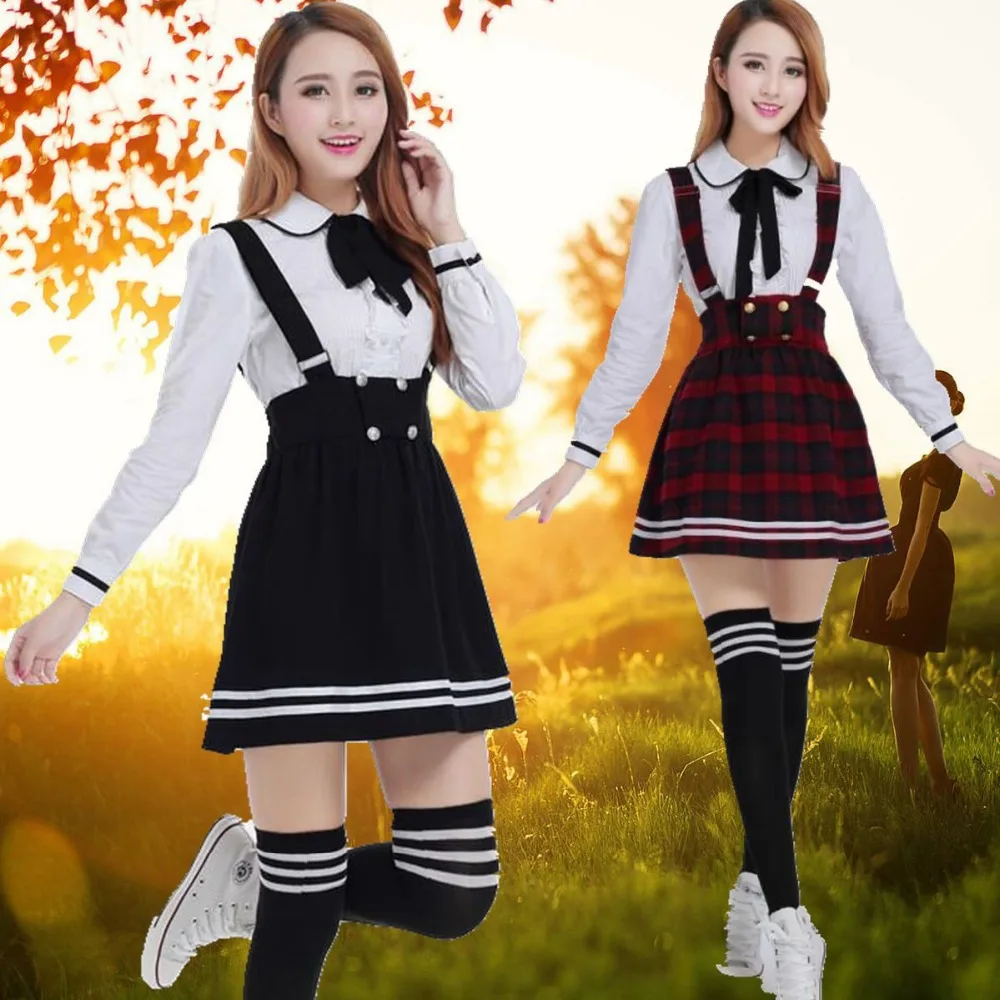 Korean School Uniform for Girls, Navy Sailor Suit for Women, Japanese School Uniform, Cotton White Shirt, Plaid Straps Skirt