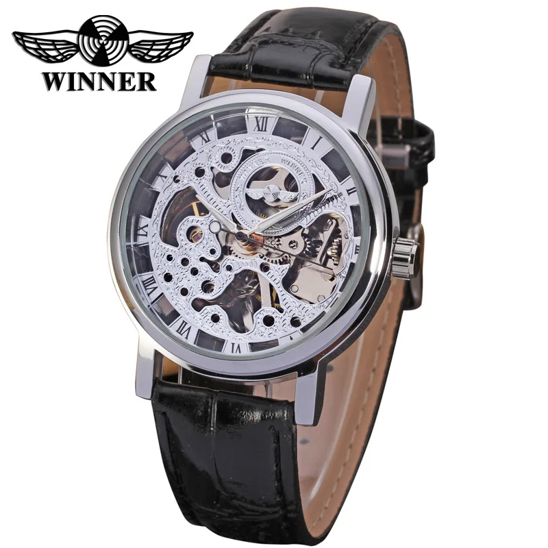 Fashion Winner Top Brand Transparent Luxury Gold Case Casual Design Brown Leather Strap Men Student Watch Mechanical Skeleton