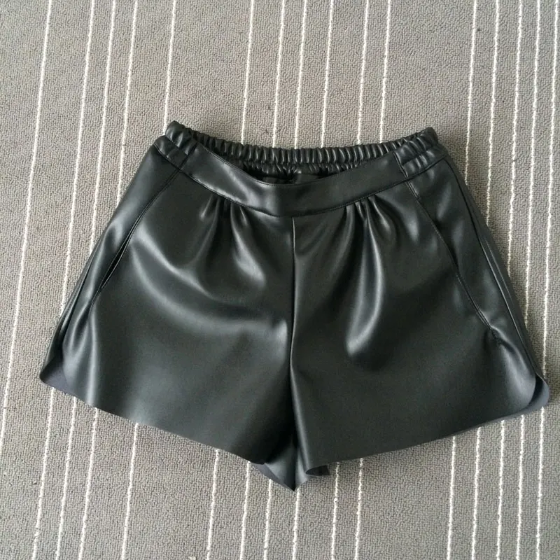 BIVIGAOS Fashion Fall Winter Black Leather Short Pants PU Leather Elastic Waist Shorts Female Loose Casual Shorts For Women