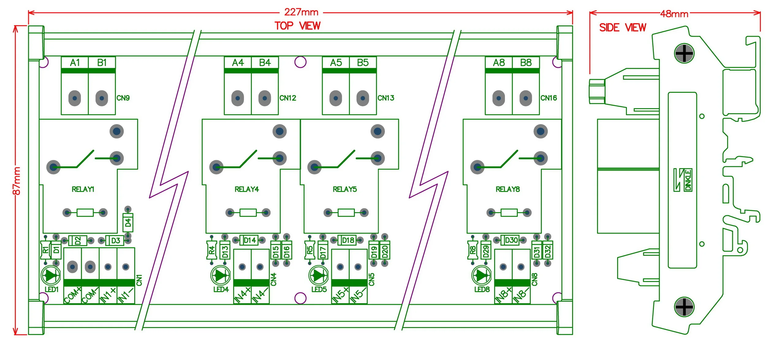 CZH-Labs DIN Rail Mount 12V Passive 8 SPST-NO 30Amp Power Relay Module.
