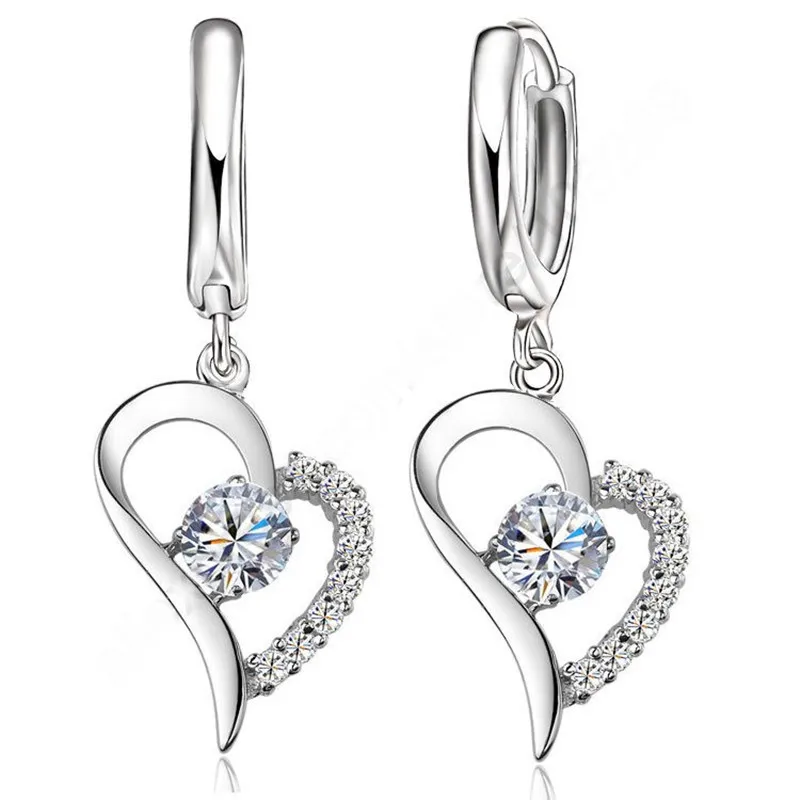 Crystal Cubic Zirconia Fine Jewellery Set 925 Sterling Silver Real Pure Heart Pendant Leverback Earrings Drop Accesory