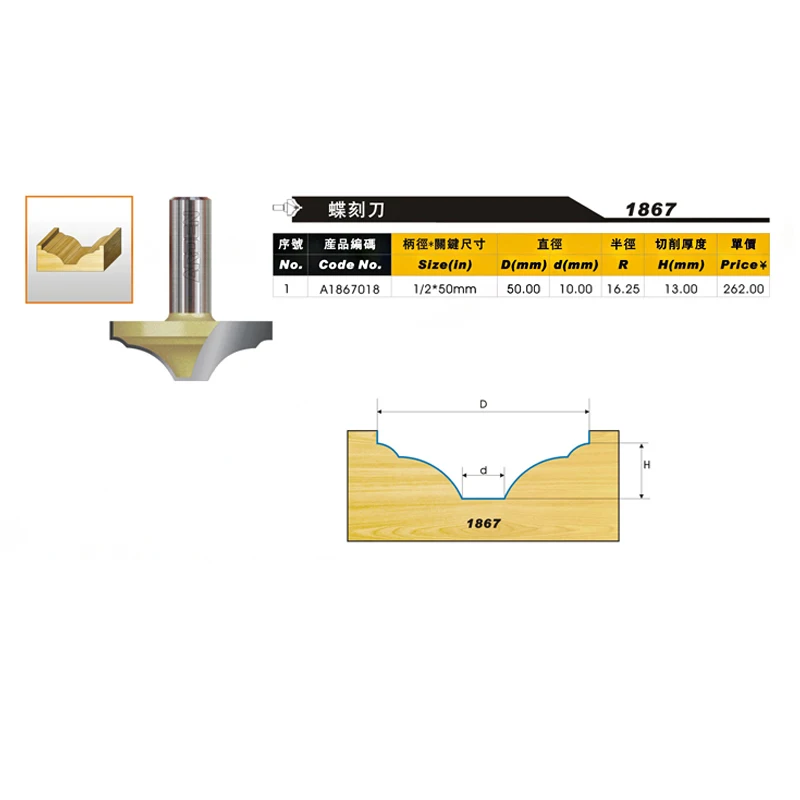 Woodworking Tool Double Roman Cove Groove Arden Router Bit- 1/2*50mm*10mm 