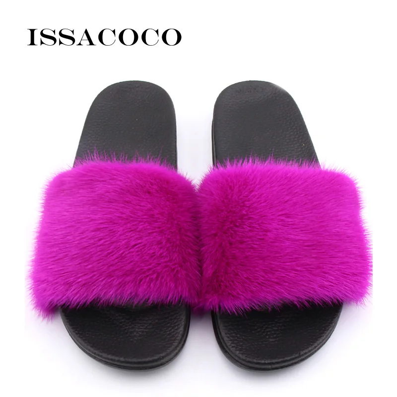 ISSACOCO Women Flat Real Mink Fur Slippers Women Solid Mink Fur PVC Sole Non-slip Slippers Indoor Slippers Zapatillas Pantufas