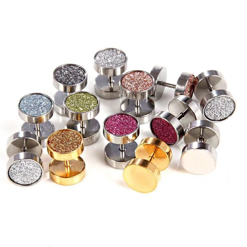 Wholesale Jewelry --Titanium steel 8mm Rock Punk  Stud Earrings ( 3 pieces ) 7 color choices for Men Women Dumbbell