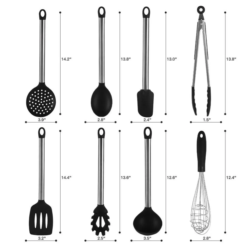 Cooking Utensils  with Nonstick Silicone & Stainless Steel-Serving Spatula, Spoon, Tongs, Whisk, Strainer, Ladle, Pasta Server,